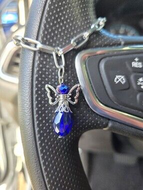 Hand Crafted "Road Angel" Blue Crystal Angel Steering Wheel Charm Mirror Charm